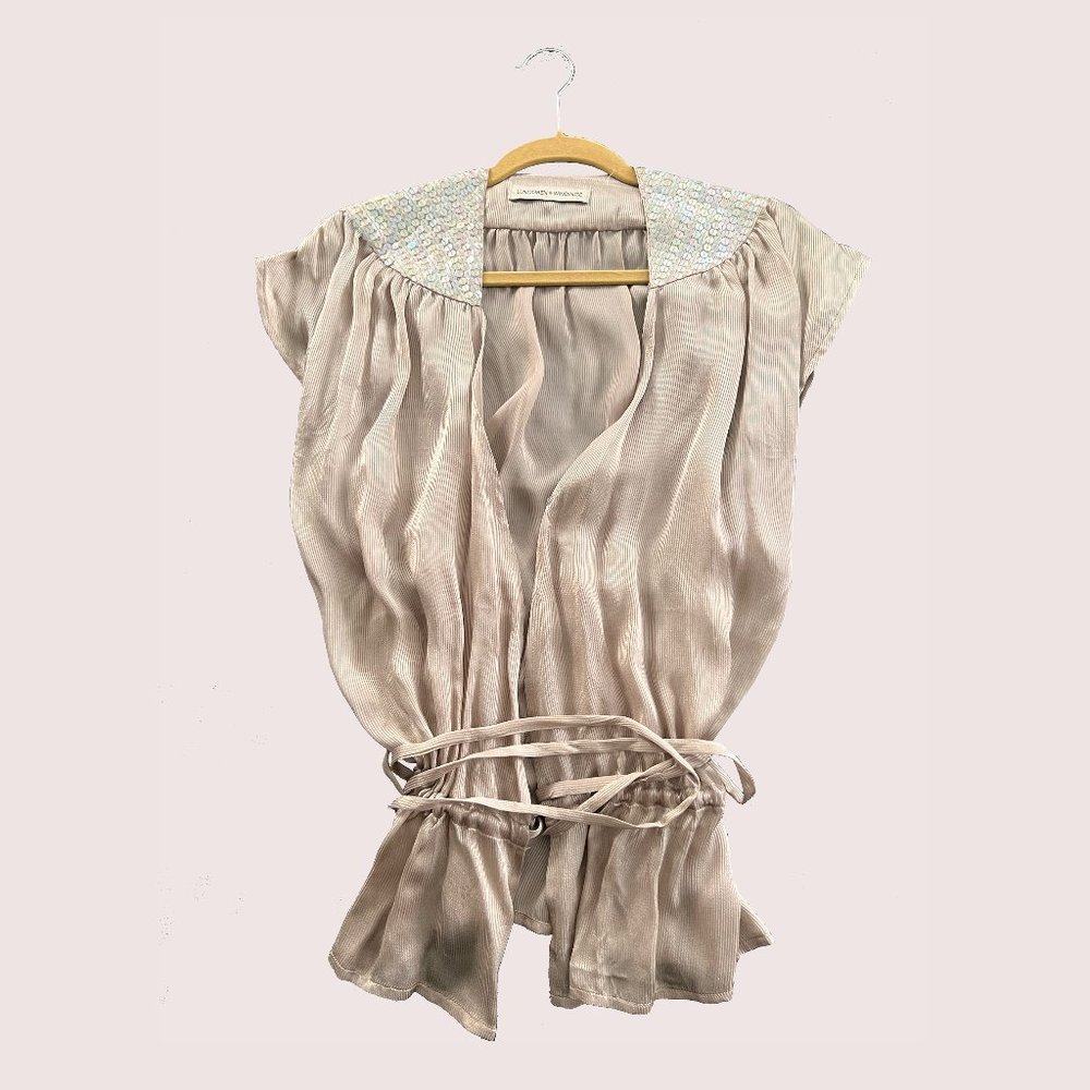 Cream/tan silk blouse with sequins and ties